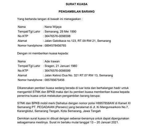 Contoh surat kuasa pengambilan barang in Indonesia language