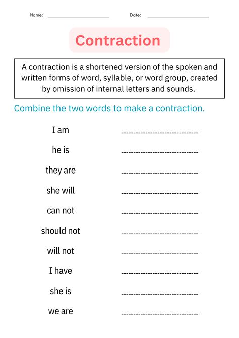 Contractions Review Worksheet