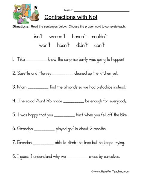 Contractions with not worksheet