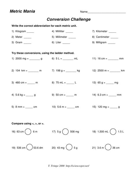 Conversion Challenge Worksheet Answers