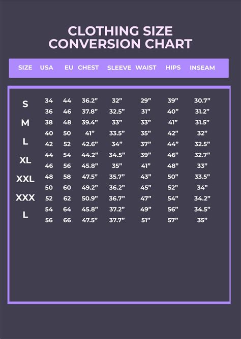 Conversion Chart Sizes For Clothing