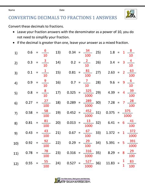 Convert Fraction To Decimal Worksheet With Answers