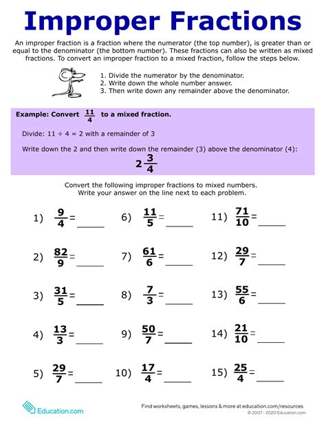Convert Improper Fractions To Mixed Numbers Worksheet