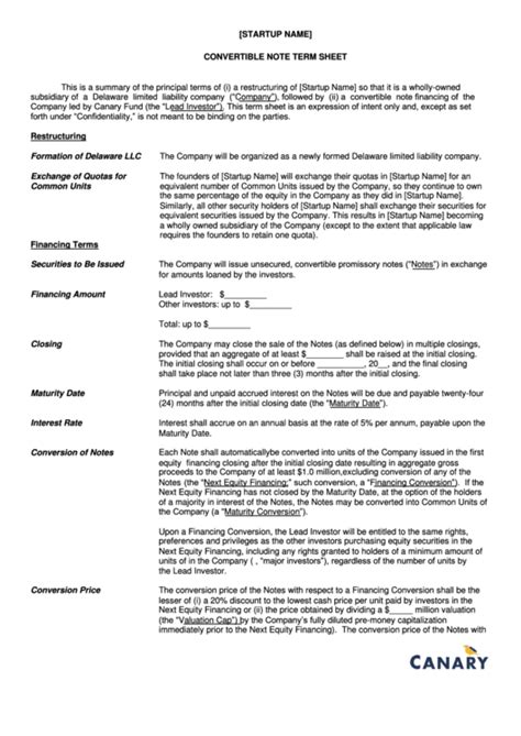 Convertible Note Term Sheet Template