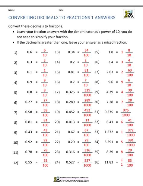 Converting Fractions To Decimals Worksheet Answers