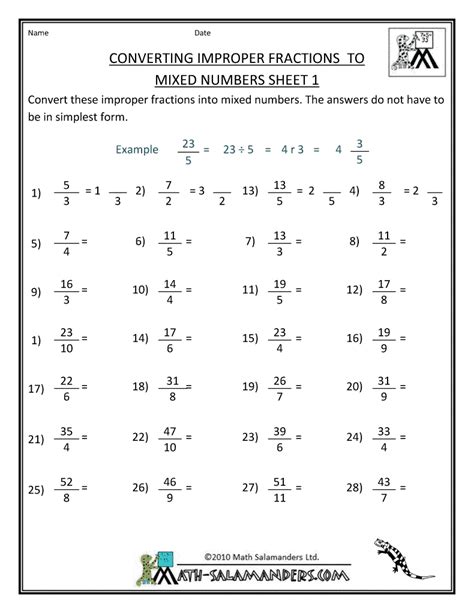 Converting Improper Fractions To Mixed Numbers Worksheet