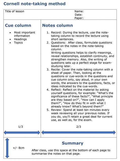 Cornell Method Note Taking Template
