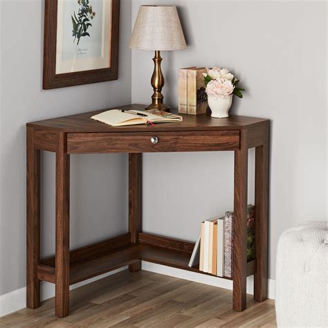 Mainstays Corner Writing Desk with Drawer and Lower Shelf, Brown Finish