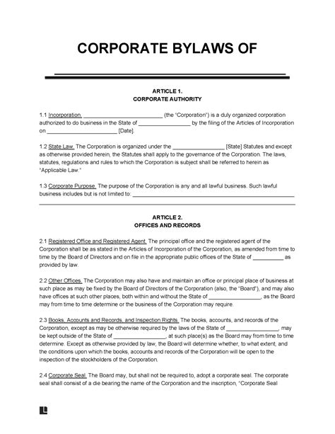 Corporate Bylaws Examples - Free Printable Documents