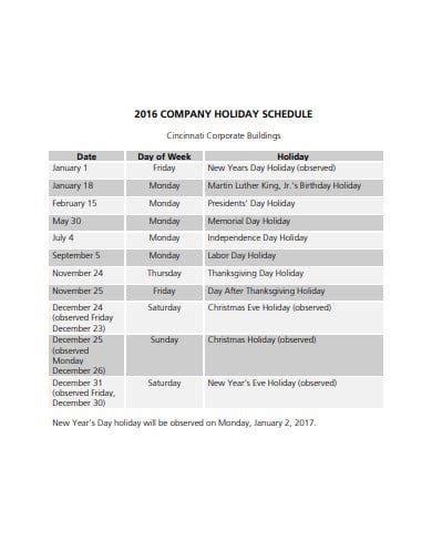 Corporate Holiday Calendar