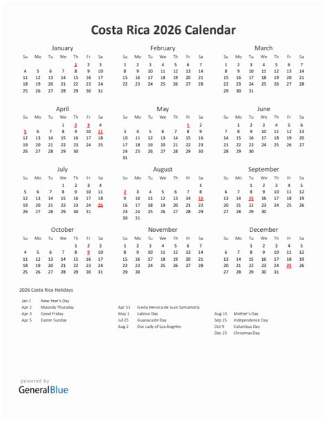 Costa Rica Printable Calendar