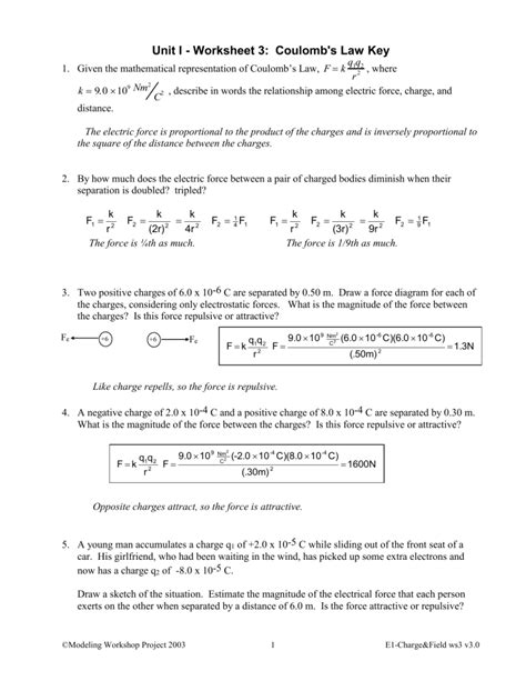 Coulombs Law Worksheet Answer Key