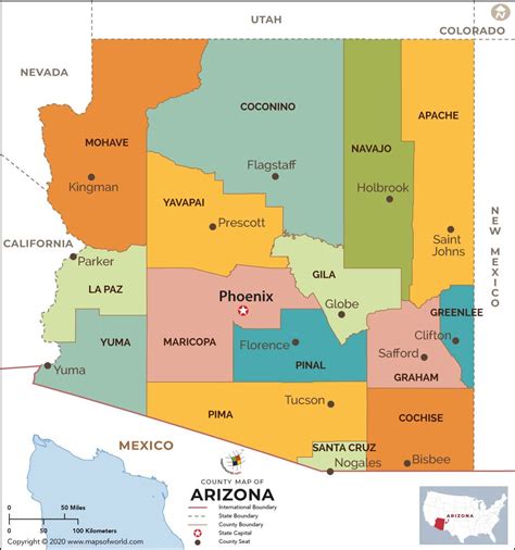 Map of Arizona showing county with cities and road highways