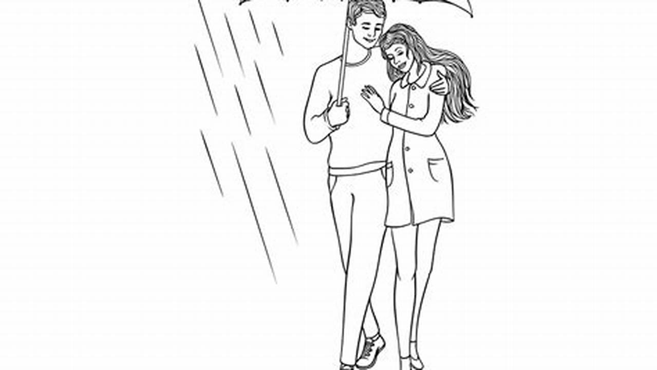 Couple Under Umbrella in Rain Sketch: A Stroke of Romantic Serenity