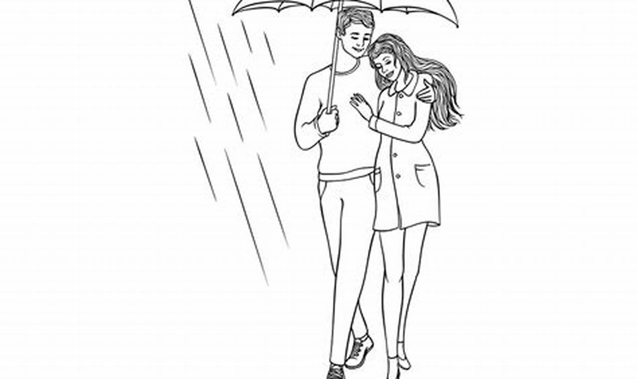 Couple Under Umbrella in Rain Sketch: A Stroke of Romantic Serenity