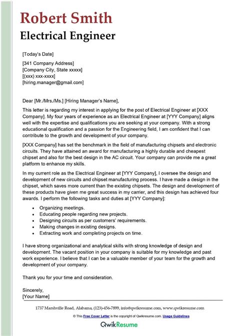 Cover Letter Electrical Engineer
