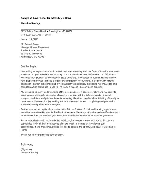 Cover Letter For Bank Internship