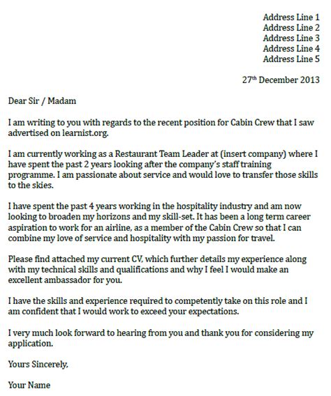 Cover Letter For Cabin Crew Position With No Experience