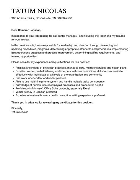 Cover Letter For Call Center Manager
