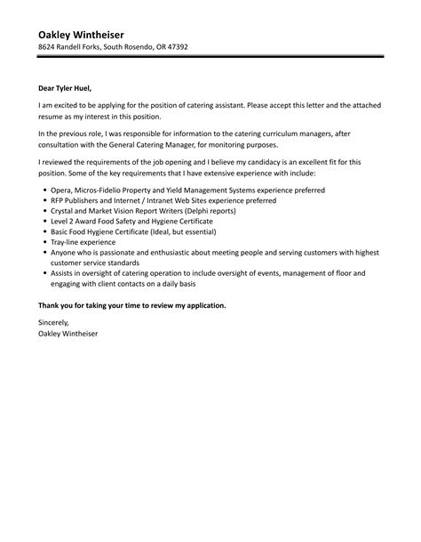 Cover Letter For Catering Job