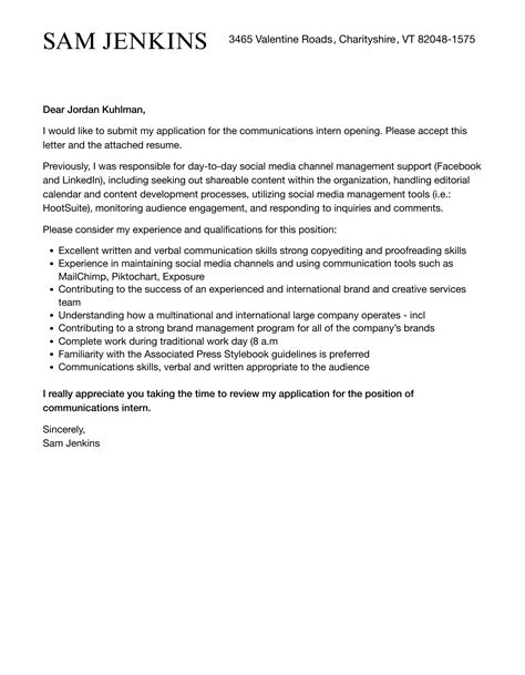 Cover Letter For Communications Internship