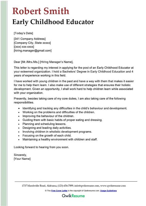 Cover Letter For Early Childhood Educator