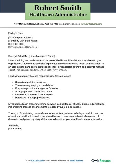 Cover Letter For Healthcare Administration Position