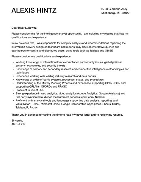Cover Letter For Intelligence Analyst Position