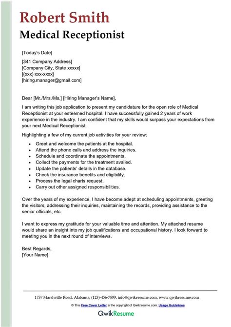 Cover Letter For Medical Office Receptionist