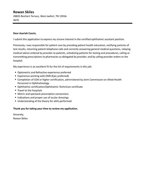 Cover Letter For Optical Assistant