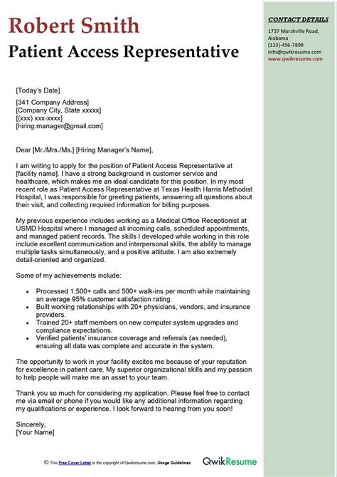Cover Letter For Patient Access Representative