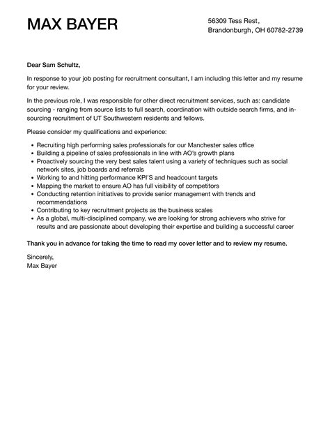 Cover Letter For Recruitment Consultant Position
