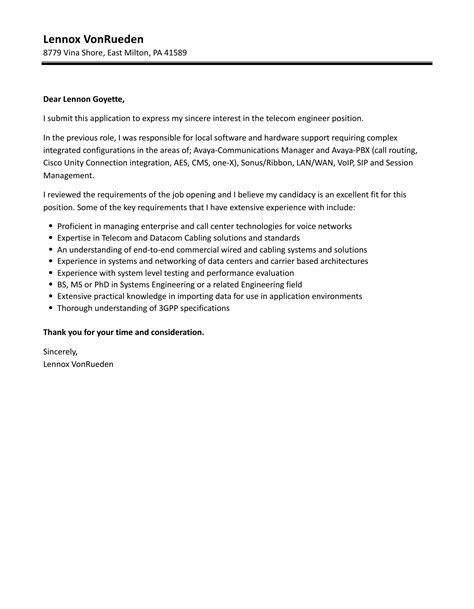Cover Letter For Telecom Engineer