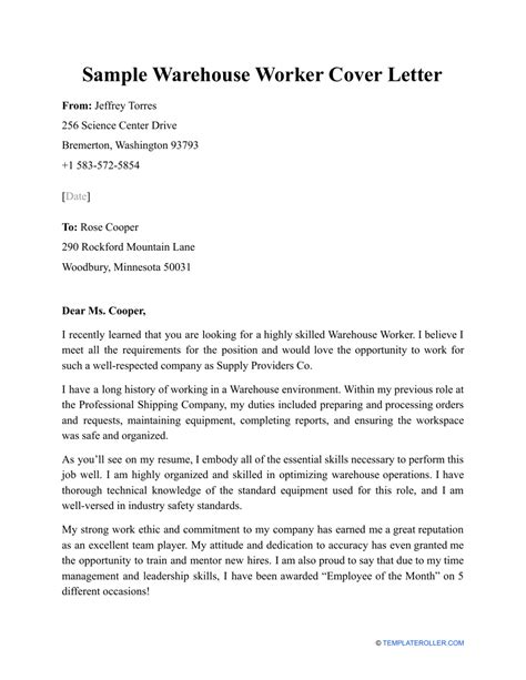 Cover Letter Warehouse Sample