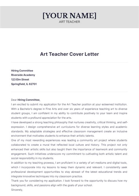 Cover Letter Art Teacher Example