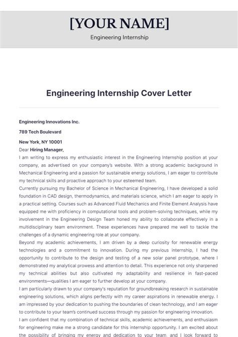 Cover Letter Example Engineering Internship