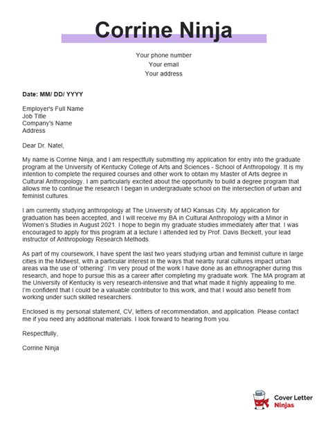 Cover Letter Example Graduate School