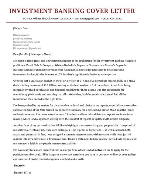 Cover Letter Example Investment Banking