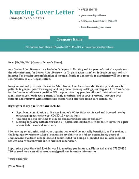 Cover Letter Example Nursing