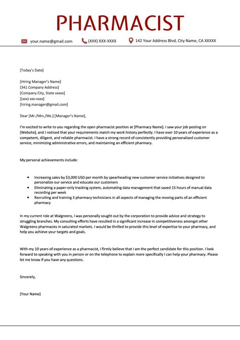Cover Letter Example Pharmacist
