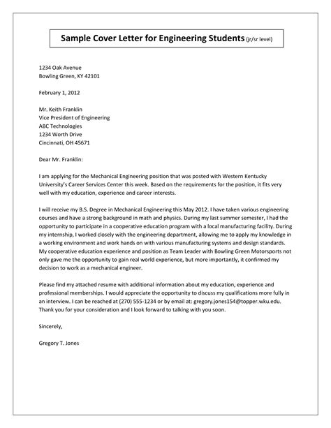 Cover Letter Examples Engineering Student