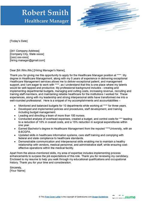 Cover Letter Examples Healthcare Management