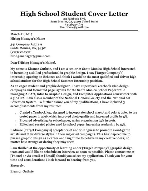 Cover Letter Examples High School