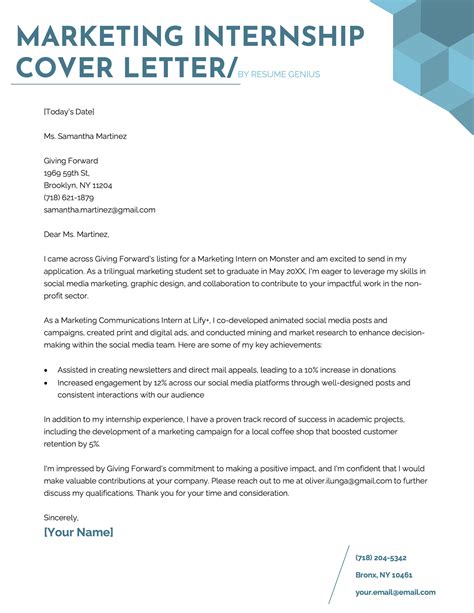 Cover Letter Examples Internship Marketing