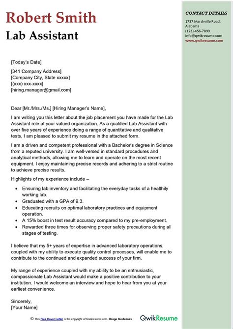 Cover Letter Examples Lab Assistant