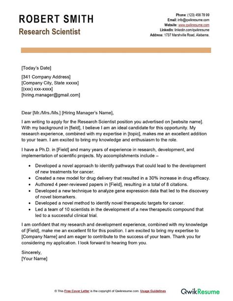 Cover Letter Examples Research Scientist