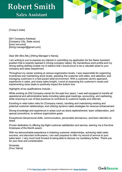 Cover Letter Examples Sales Assistant