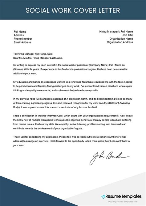 Cover Letter Examples Social Work
