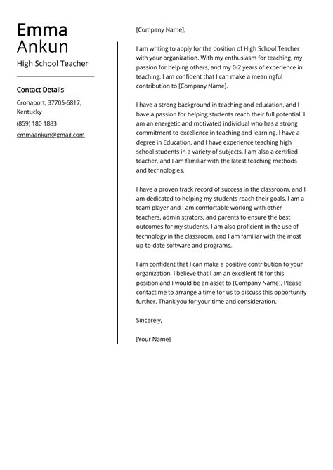 Cover Letter Examples Teacher High School