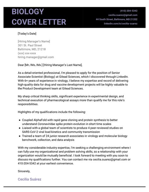 Cover Letter For Biology Teaching Job